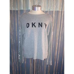DKNY Sweater Women Size M Gray Pullover Ruffled Long Sleeves Crewneck Logo Print